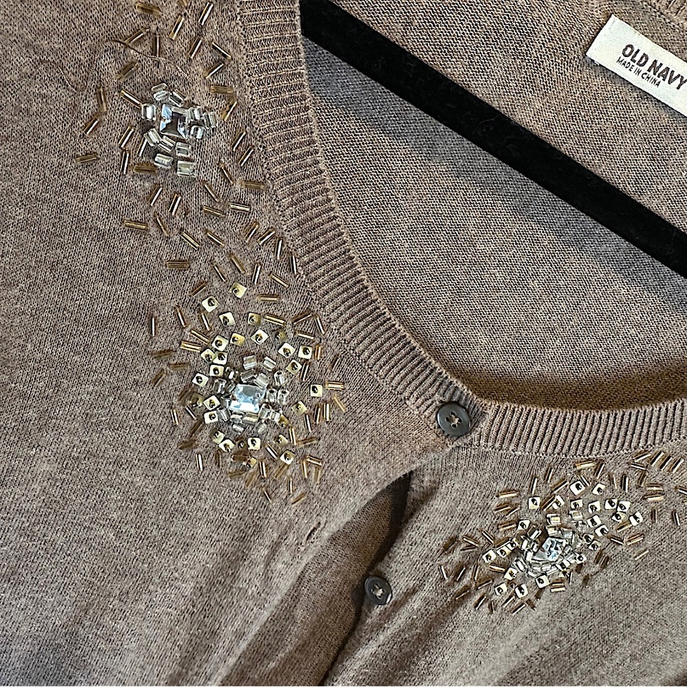 Beige Cardigan with Gold Beading and Rhinestones Old Navy